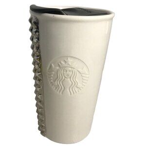 Starbucks Tumbler 2014 White Travel With Lid Silver Studded Ceramic Double Wall